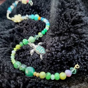 Authentic Gemstone, Crystal, + Glass Bracelet- Turtle at Sea' Theme, Teal/Blue's